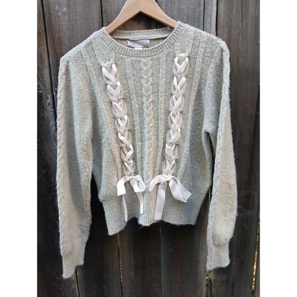 Sweaters - Foward Oatmeal Knit‎ Sweater With Braided Pink Satin Ribbons L